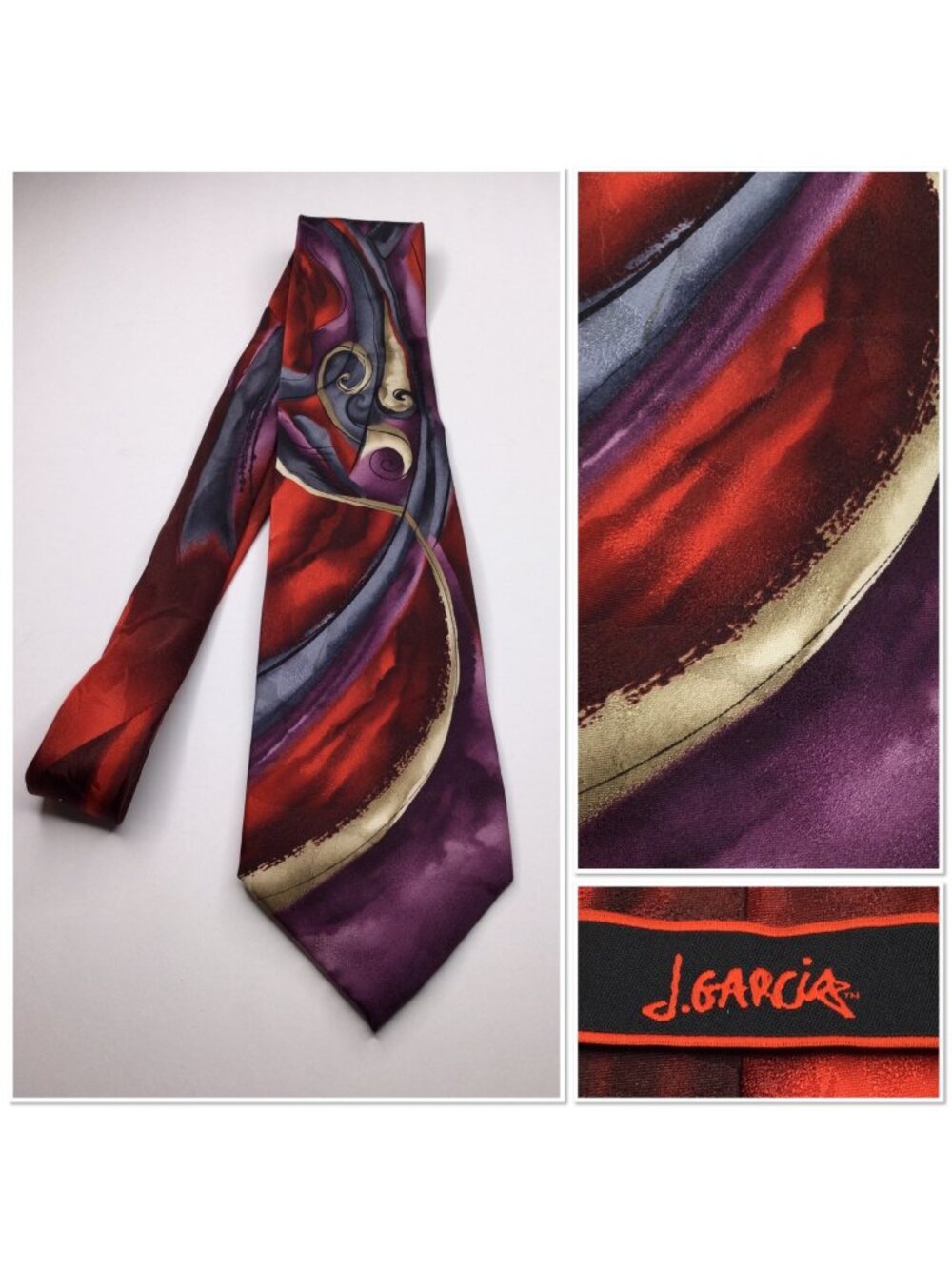J. Garcia Silk Tie Snail Garden Collection Fifty Four Red Purple Swirl Abstract